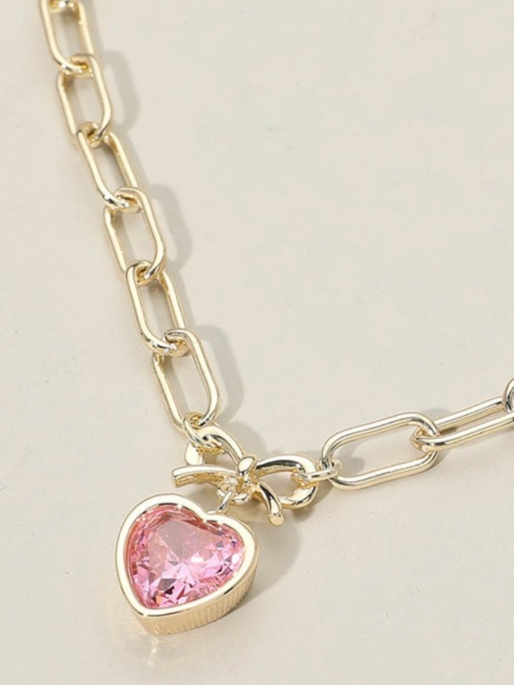 14K Gold Dipled Link Necklace with Pink Heart Crystal Pendant Gemstone